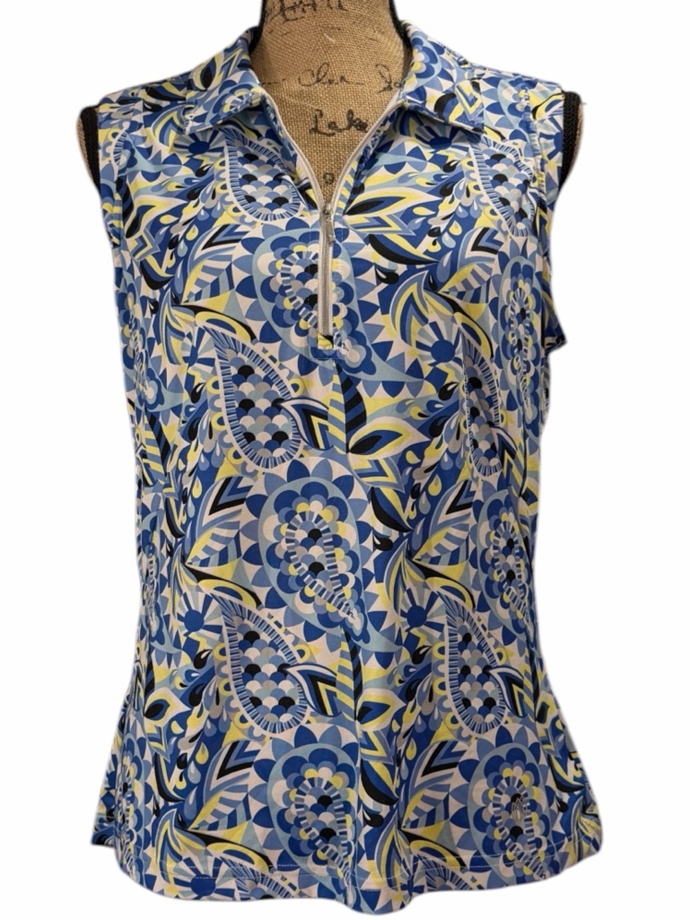 Gg Blue Sleeveless Zip-Front Floral Print Top in Blue & Yellow. EC. Size medium